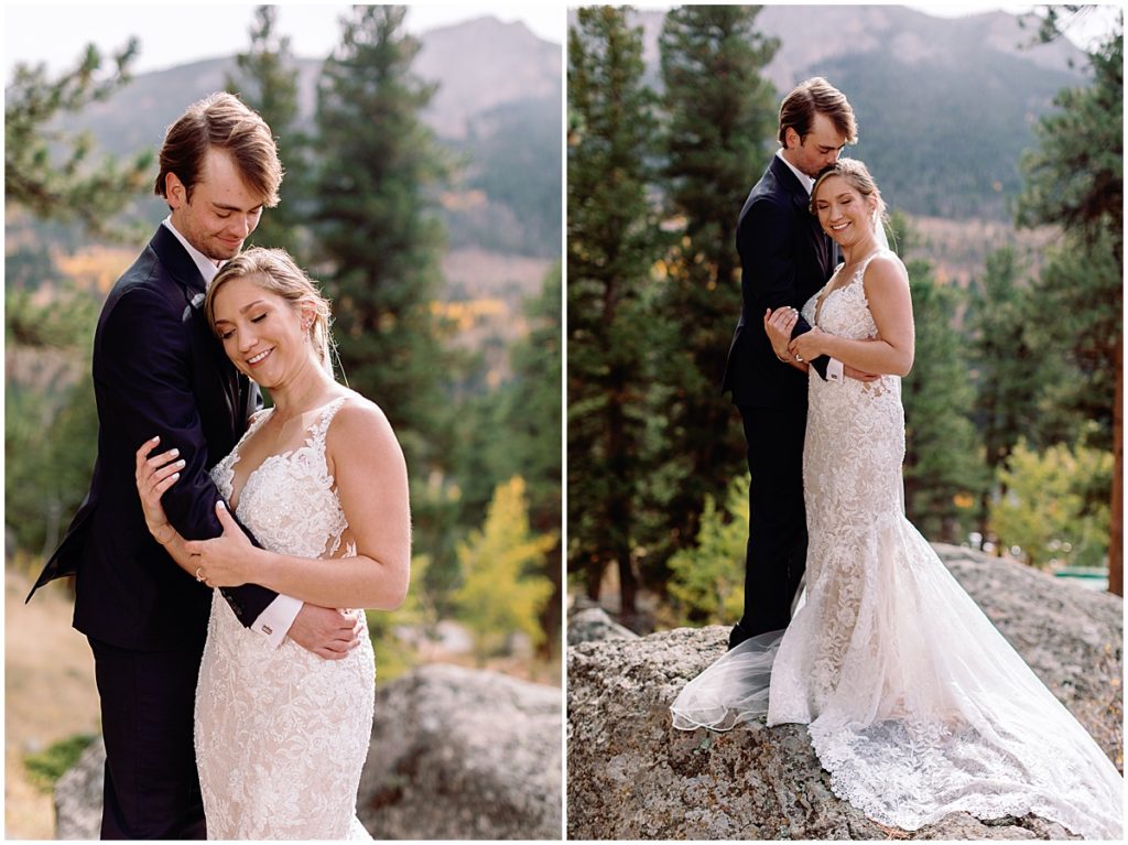 Bride and groom first look at Della Terra Mountain Chateau in Estes Park.  Bride wearing wedding dress designed by Martina Liana from Volle's Bridal & Boutique.  Groom Wearing suit from Men's Wearhouse.  