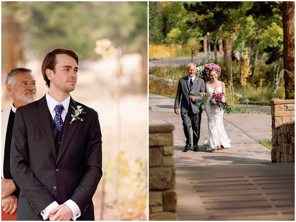 Groom watching bride walking down aisle for wedding at Della Terra Mountain Chateau in Estes Park.