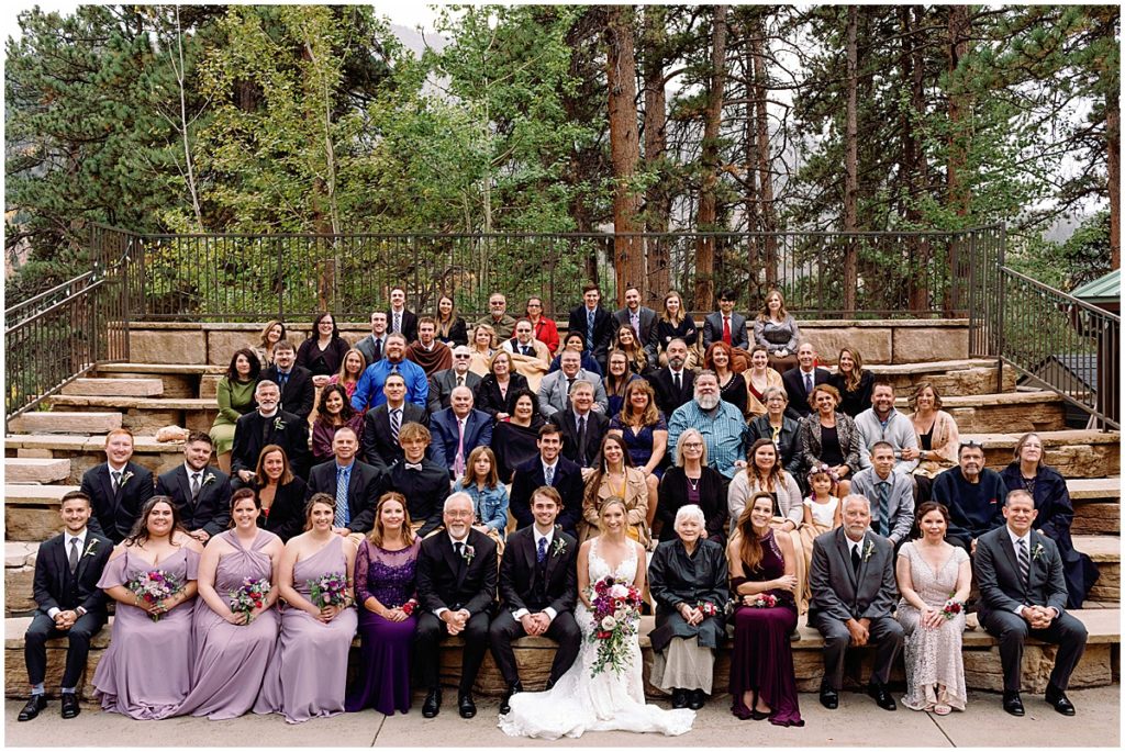 Group photo for wedding at Della Terra Mountain Chateau in Estes Park.