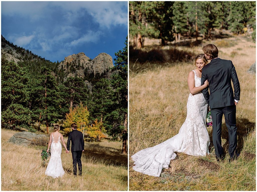Wedding at Della Terra Mountain Chateau in Estes Park.  Bride wearing wedding dress designed by Martina Liana from Volle's Bridal & Boutique.  Groom Wearing suit from Men's Wearhouse. 
