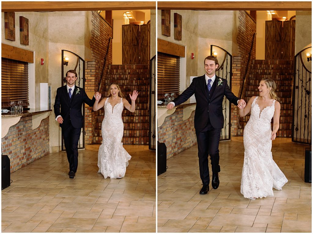Bride and groom announced at Della Terra Mountain Chateau in Estes Park.  Bride wearing wedding dress designed by Martina Liana from Volle's Bridal & Boutique.  Groom Wearing suit from Men's Wearhouse.  Bride holding bouquet from The Perfect Petal.
