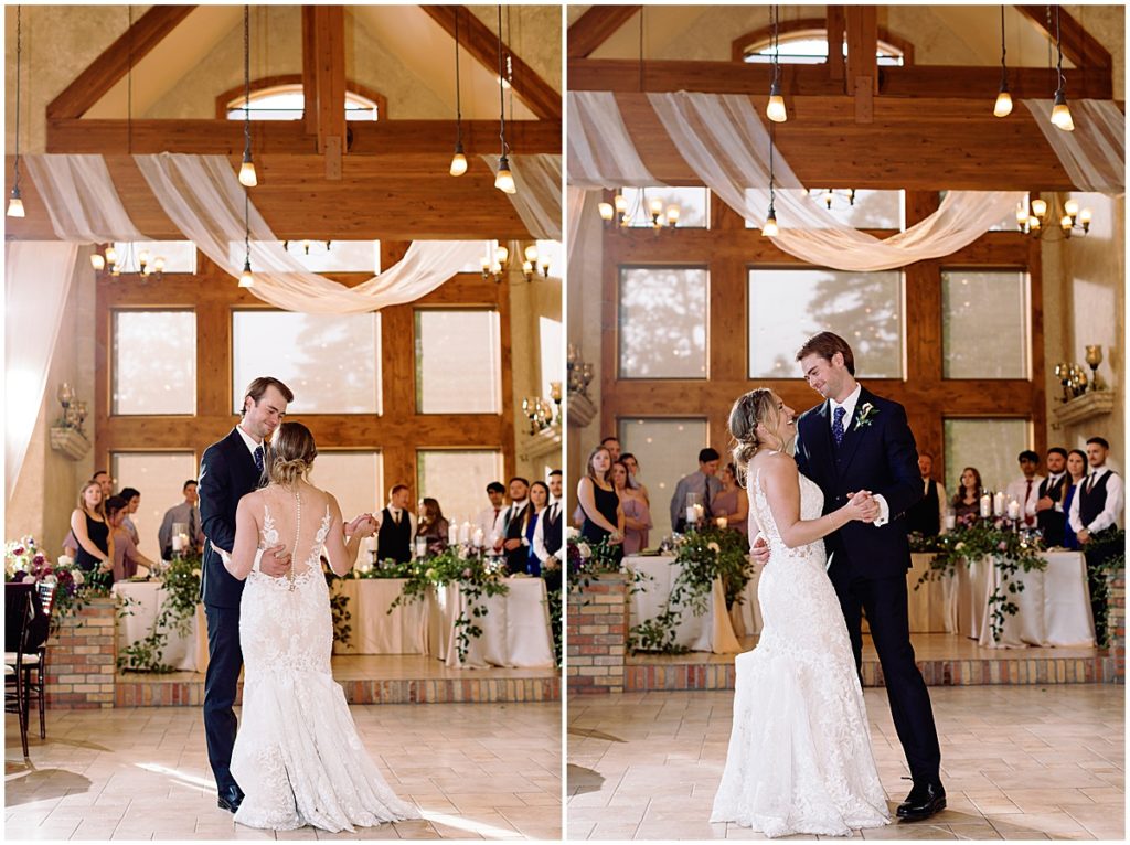Bride and groom first dance at Della Terra Mountain Chateau in Estes Park.  Bride wearing wedding dress designed by Martina Liana from Volle's Bridal & Boutique.  Groom Wearing suit from Men's Wearhouse. 