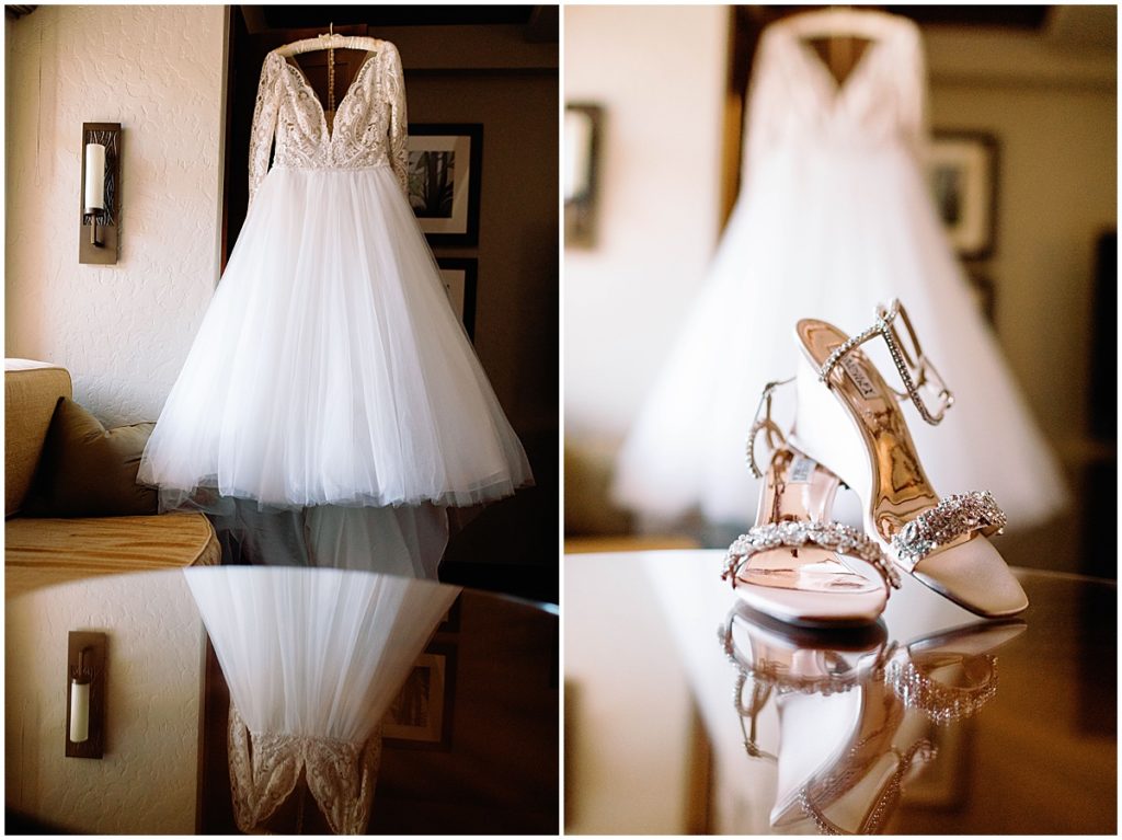 Bride's wedding dress from Mocking Bridal hanging at Ritz Carlton in Beaver Creek
