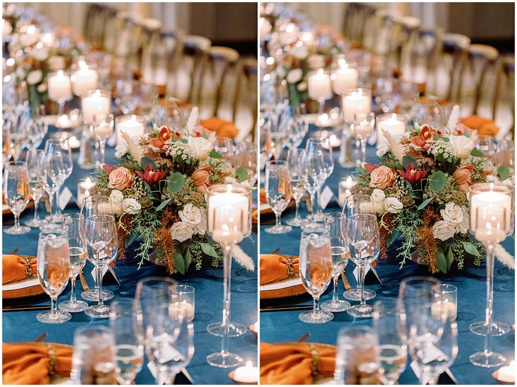 Dinning area for wedding reception at Ritz Carlton Bachelor Gulch Beaver Creek.  Floral design by Bloom Flower Shop.