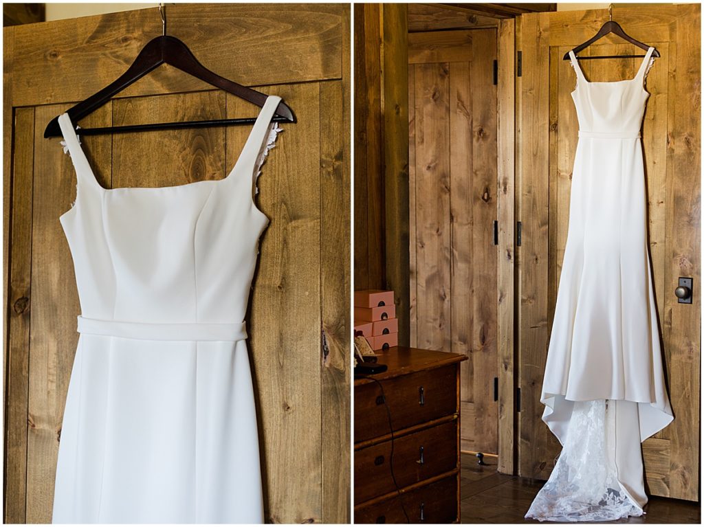 Bride's dress hanging for wedding at Devil's Thumb Ranch