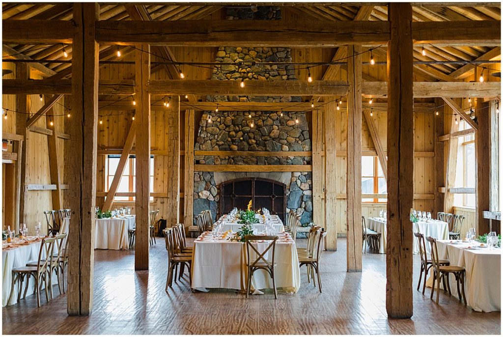 Indoor dining for wedding reception at Devil's Thumb Ranch