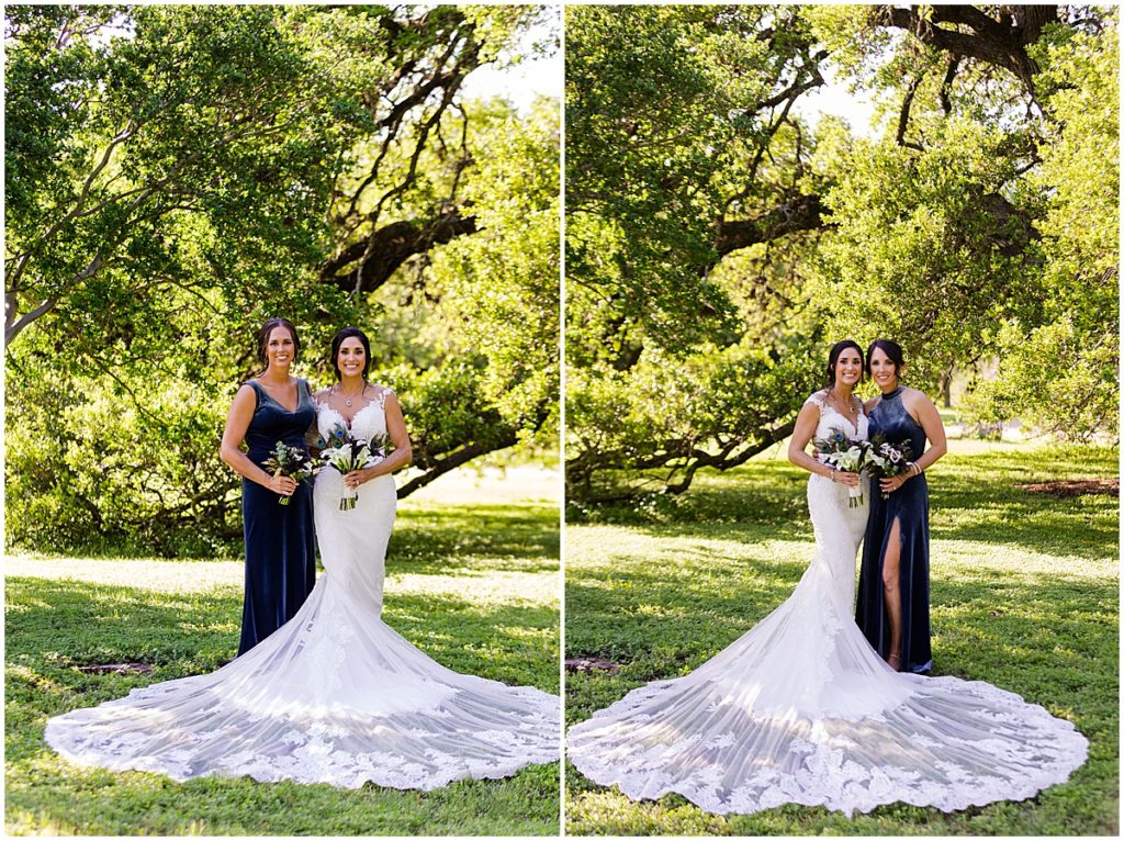 Bride wearing dress from Alexia Gavela Bridal with Bridesmaid wearing dress from Shop Revelry holding bouquet from Exquisite Petals.