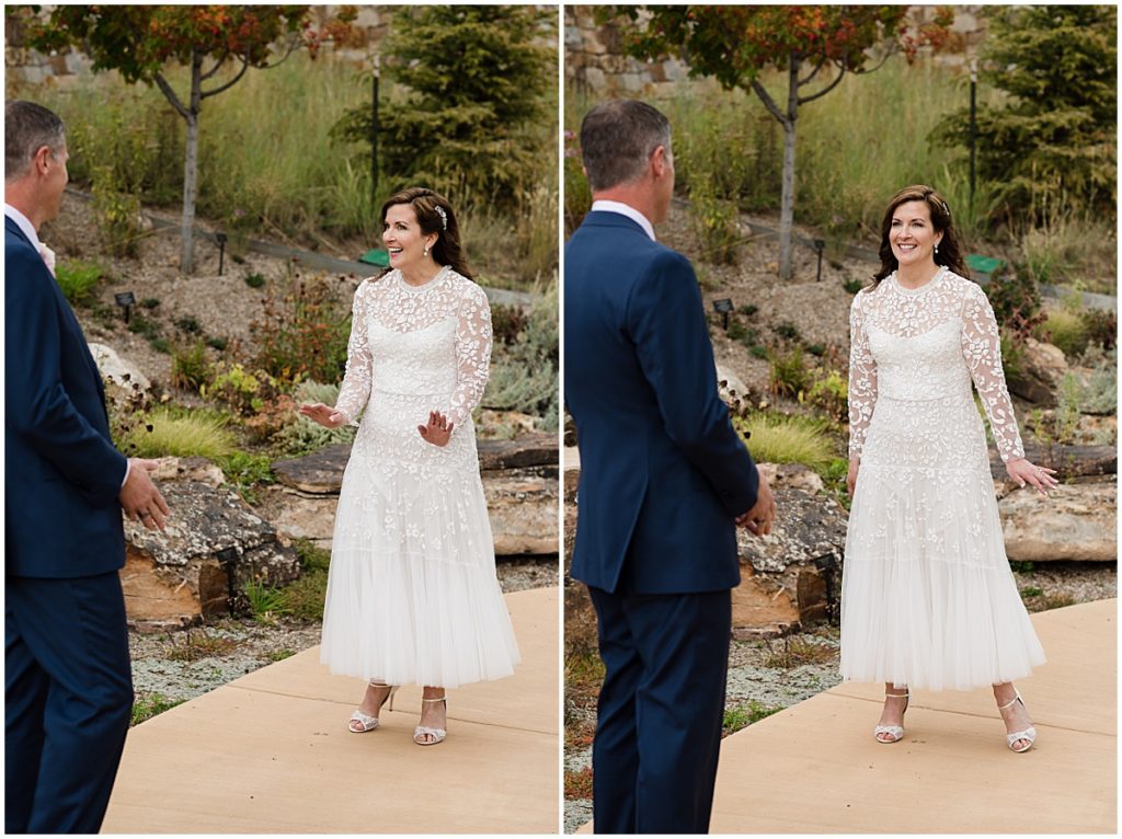 Bride and groom first look at Betty Ford Alpine Gardens in Vail for micro wedding.