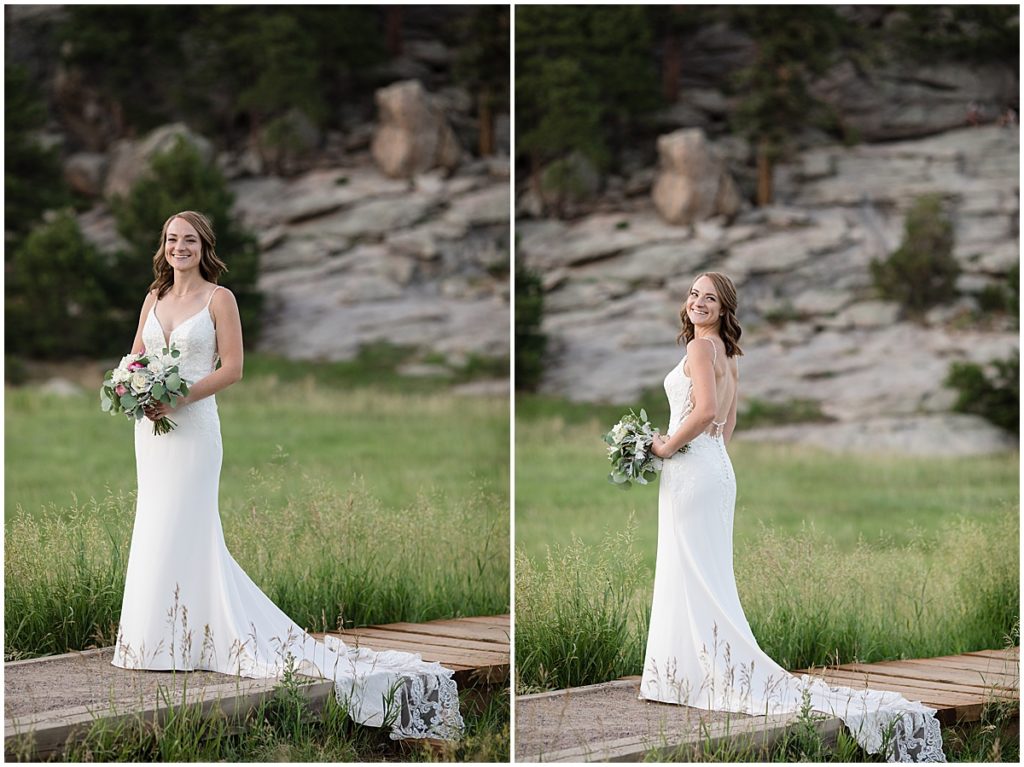 Bride outside on trail holding bouquet after elopement at Three Sisters Park in Evergreen
