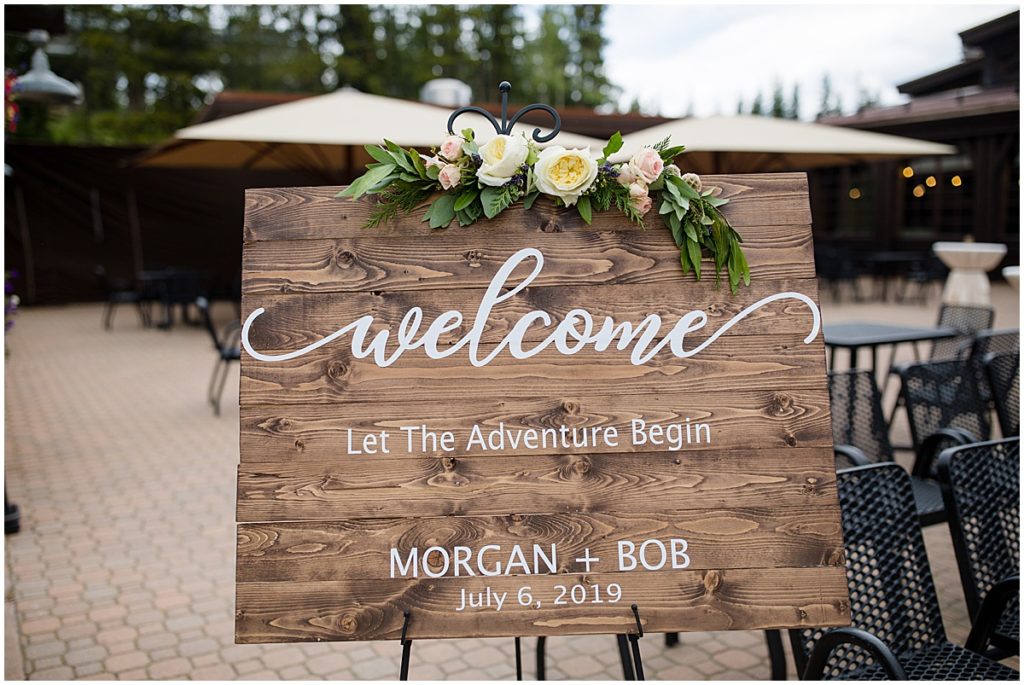Welcome sign for wedding at 10 mile station at Breckenridge