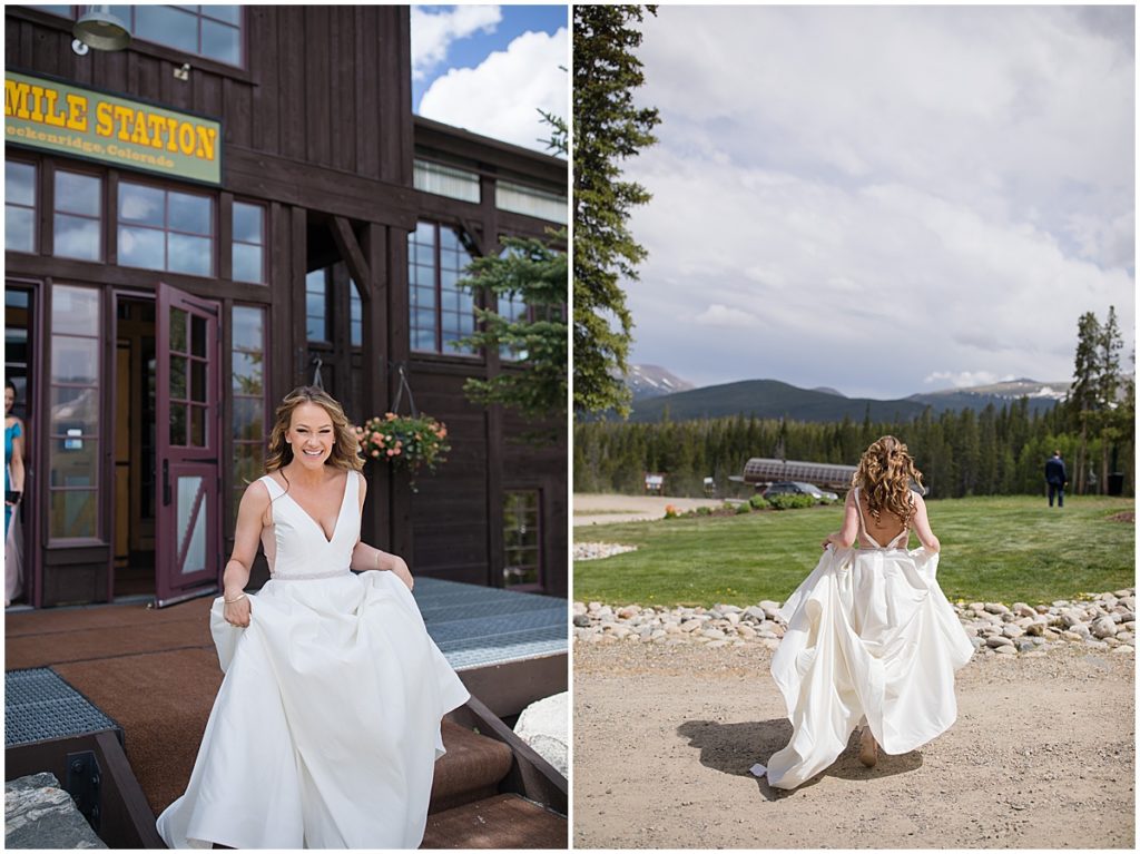 Bride coming out for first look at 10 mile station in Breckenridge
