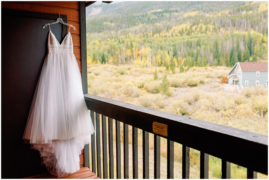 Wedding dress hanging at Frisco Day Lodge