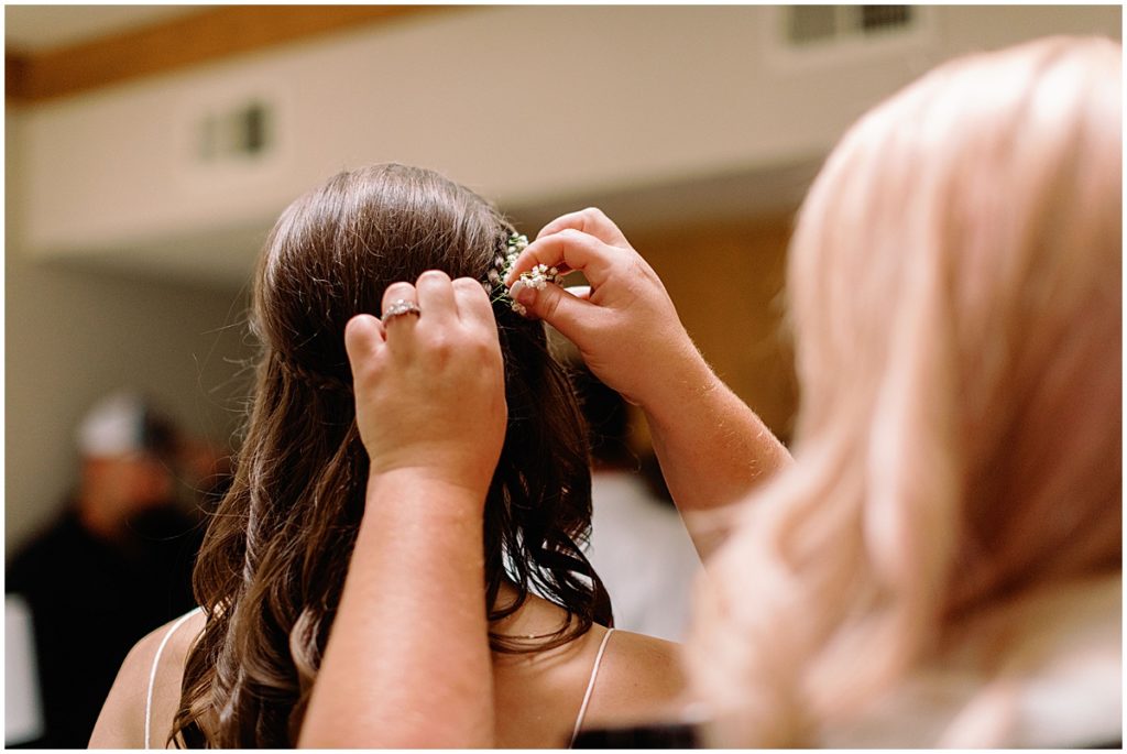 Bride getting hair done at Frisco Day Lodge
