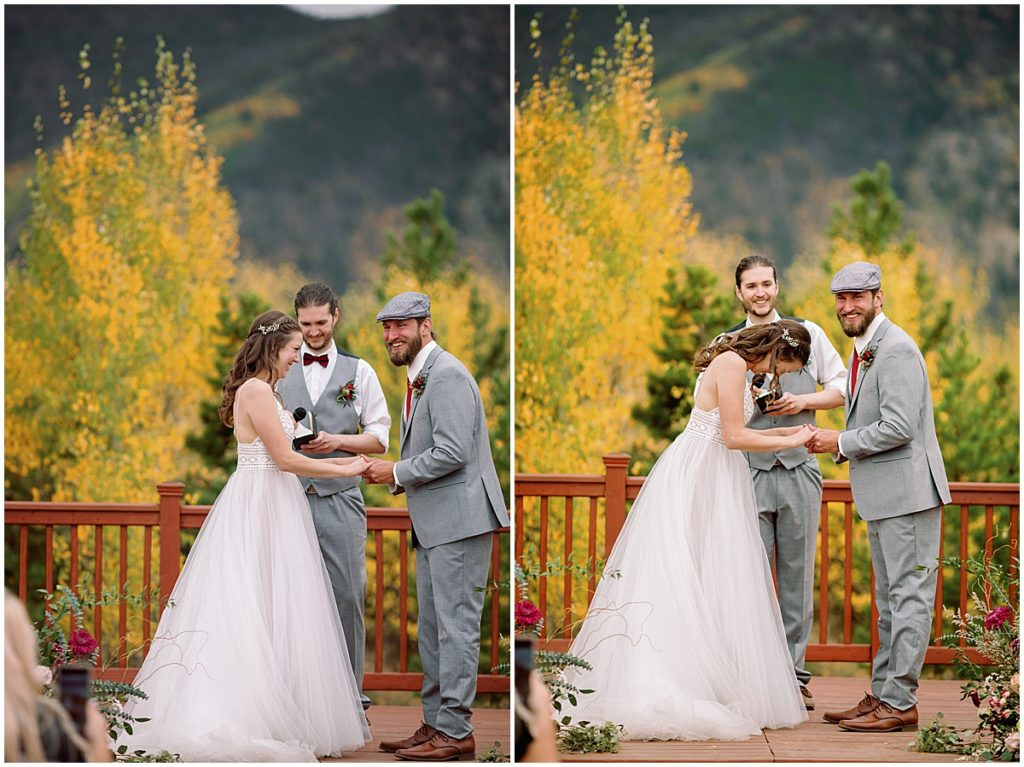Bride and groom laugh during wedding ceremony at Frisco Day Lodge