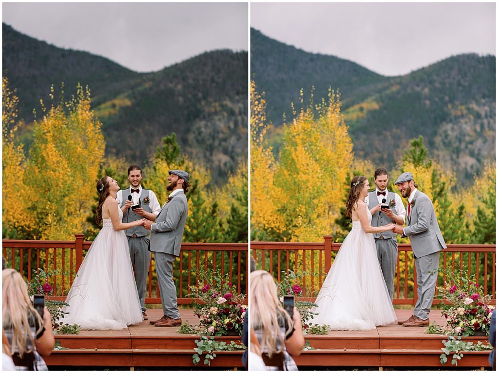 Bride and groom laugh during wedding ceremony at Frisco Day Lodge