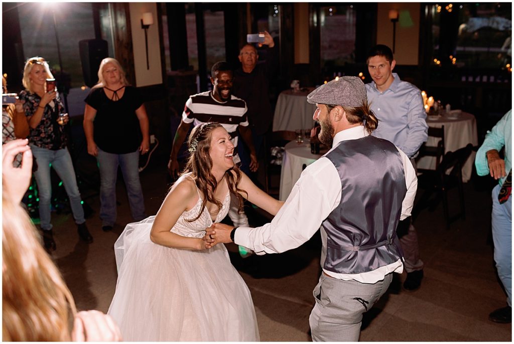 Bride and groom dancing at Frisco Day Lodge