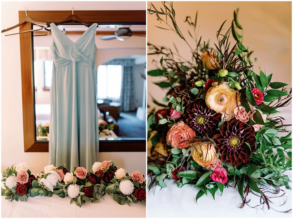 Bouquet designed by Garden of Eden and dress from The Bridal Studio for wedding in Vail
