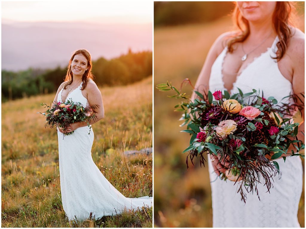 Bride holding bouquet designed by Garden of Eden at Holy Cross Overlook in Vail