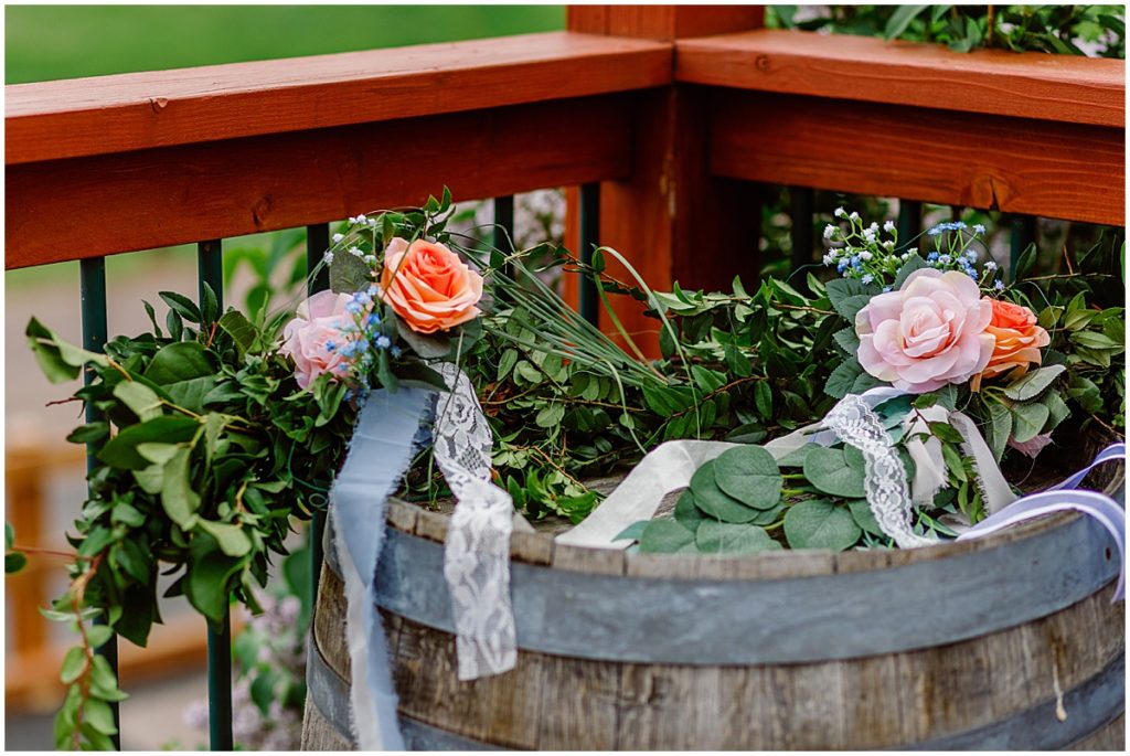 Bride’s bouquet on patio at Deer Creek Valley Ranch