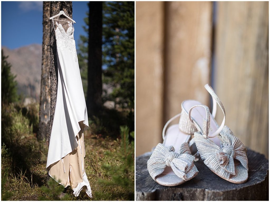 Bride wedding gown hanging outside at Piney River Ranch in Vail