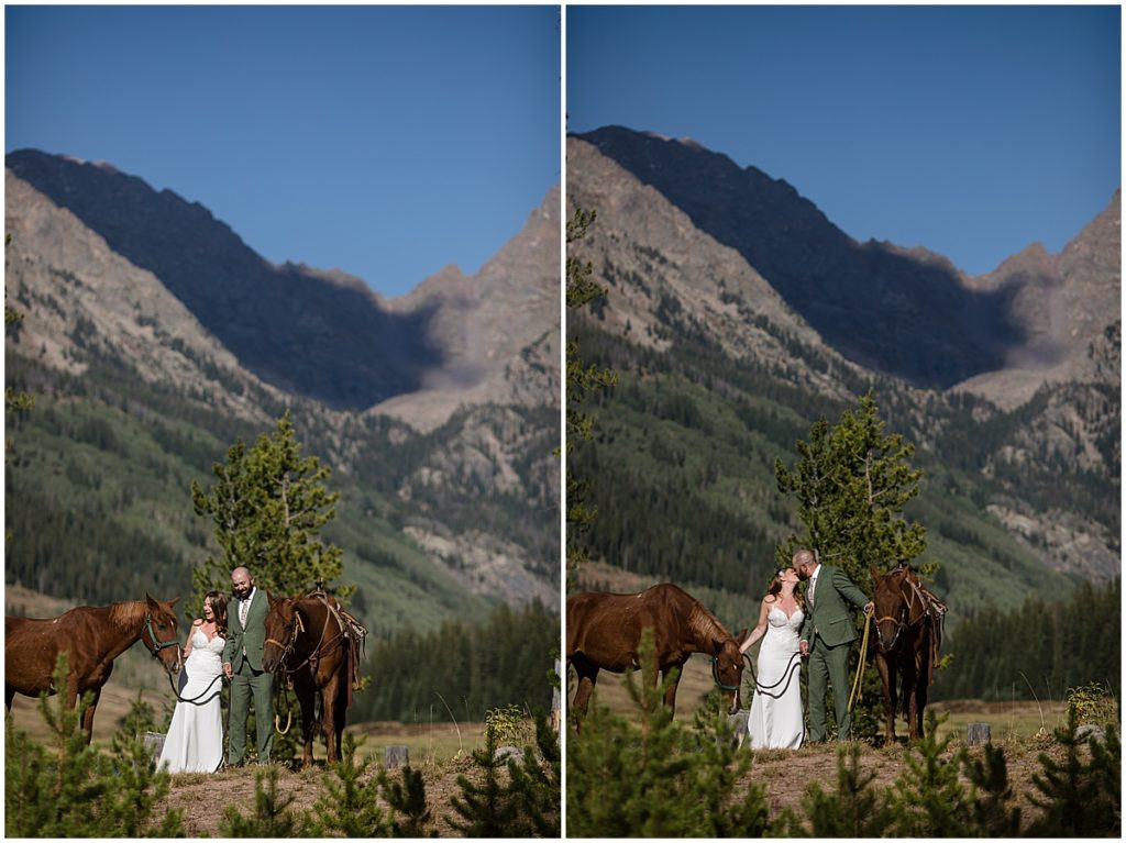 Bride and groom horseback riding at  Piney River Ranch in Vail