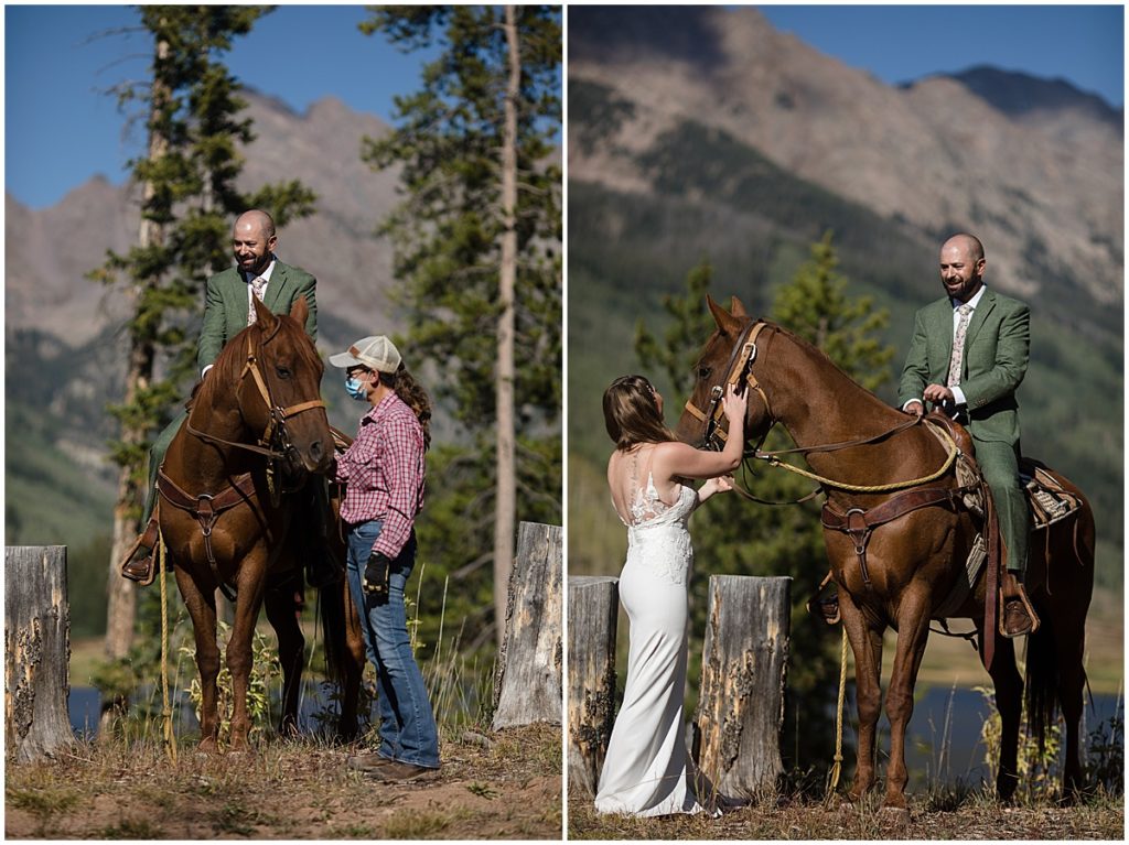 Bride and groom horseback riding at  Piney River Ranch in Vail