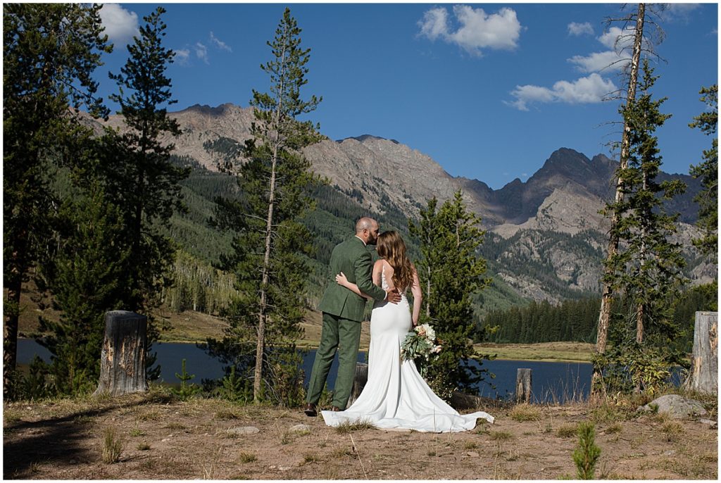 Bride and groom at Piney River Ranch in Vail mountains.