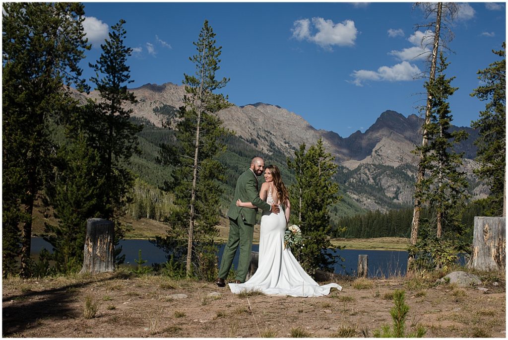 Bride and groom at Piney River Ranch in Vail mountains.