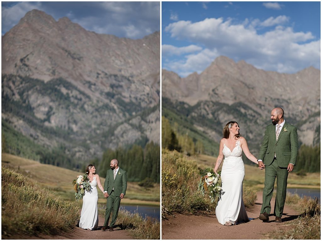 Bride and groom hiking at Piney River Ranch in Vail