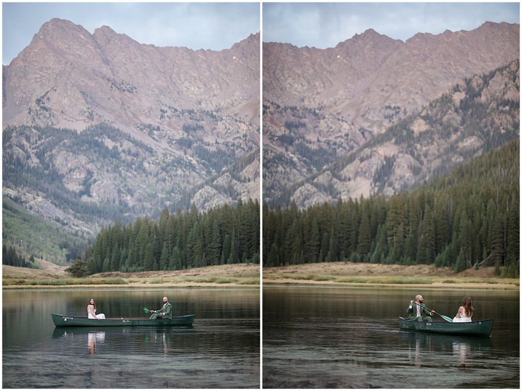 Bride and groom on canoe on Piney Lake in Vail