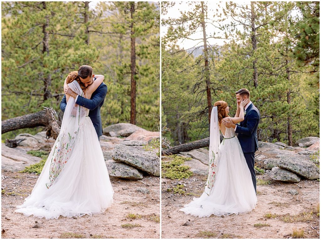 First look with bride wearing dress from BHLDN and designed by Watters for fall elopement at Blue Sky Mountain Ranch in Blackhawk.  Groom is a wearing suit from Indochino.
