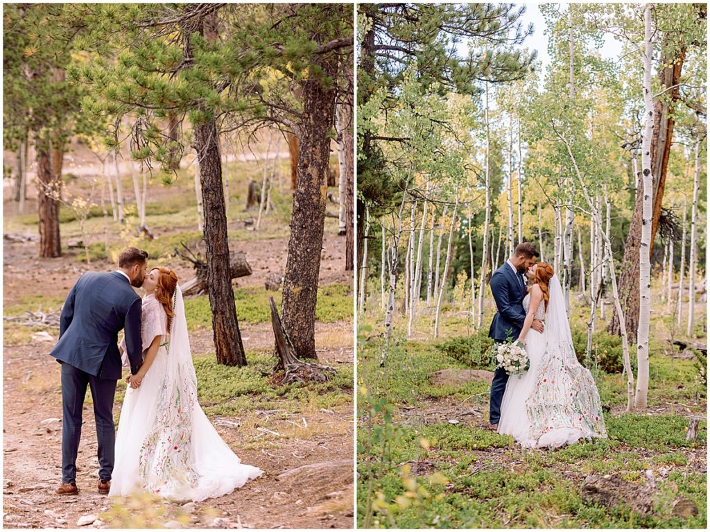 Fall elopement ceremony at Blue Sky Mountain Ranch in Blackhawk with bride wearing dress from BHLDN and designed by Watters.  Groom is wearing suit from Indochino.  Floral design by Blush & Bay.