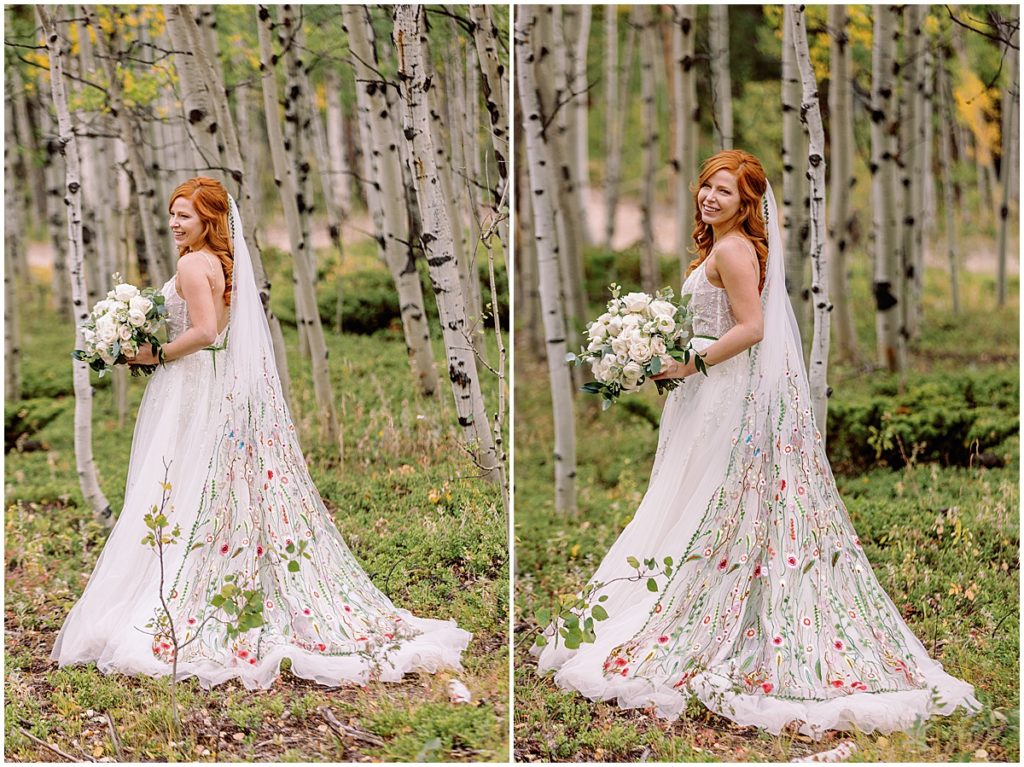 Fall elopement ceremony at Blue Sky Mountain Ranch in Blackhawk with bride wearing dress from BHLDN and designed by Watters. Bride holding bouquet designed by Blush & Bay.