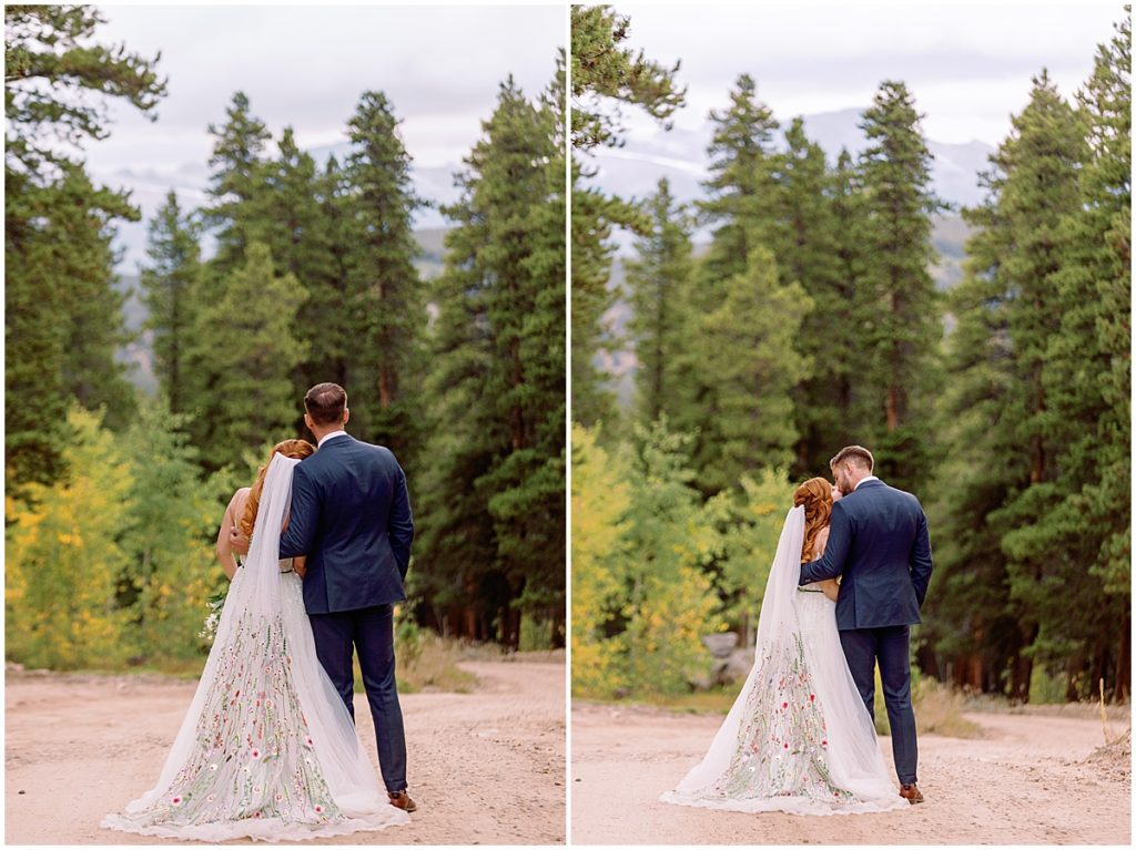 Fall elopement ceremony at Blue Sky Mountain Ranch in Blackhawk with bride wearing dress from BHLDN and designed by Watters.  Groom is wearing suit from Indochino. 
