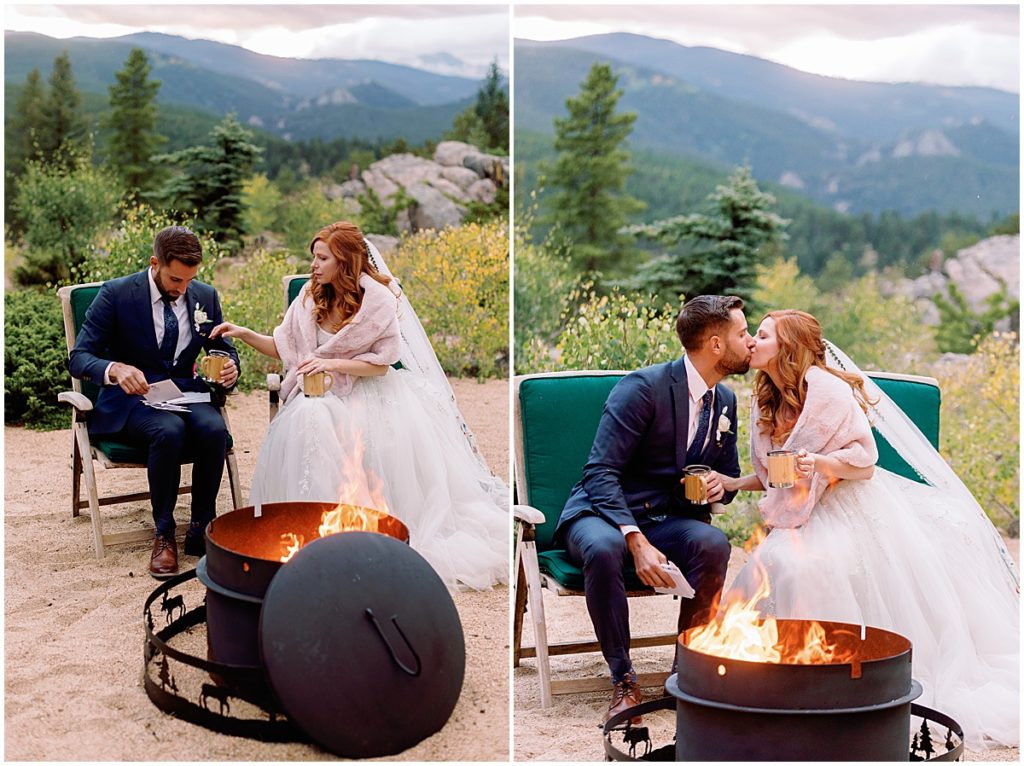 Night fall elopement ceremony at Blue Sky Mountain Ranch in Blackhawk with bride wearing dress from BHLDN and designed by Watters.  Groom is wearing suit from Indochino. 