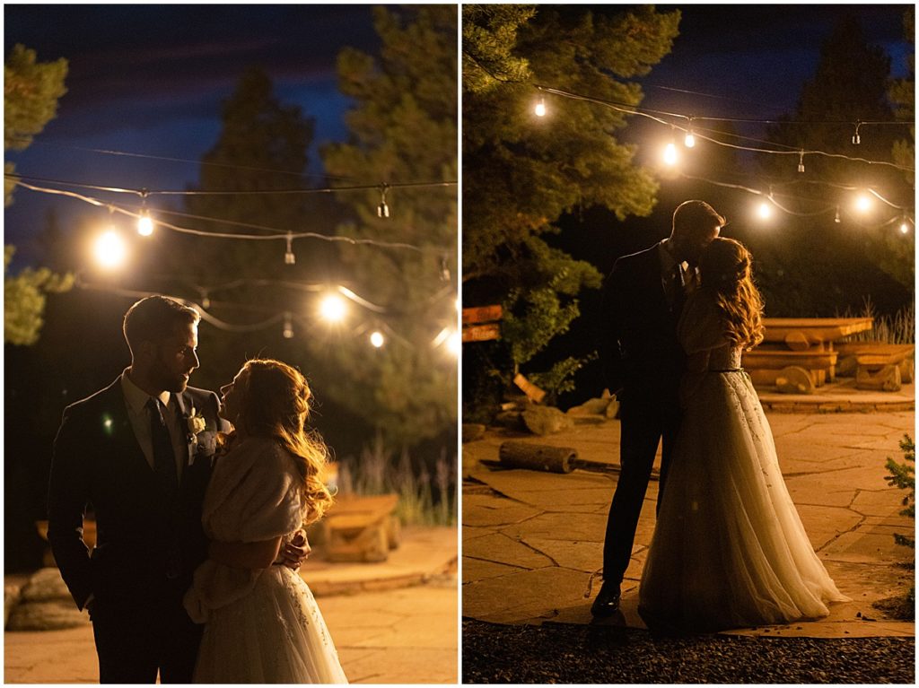 Evening first dance elopement ceremony at Blue Sky Mountain Ranch in Blackhawk with bride wearing dress from BHLDN and designed by Watters.  Groom is wearing suit from Indochino. 