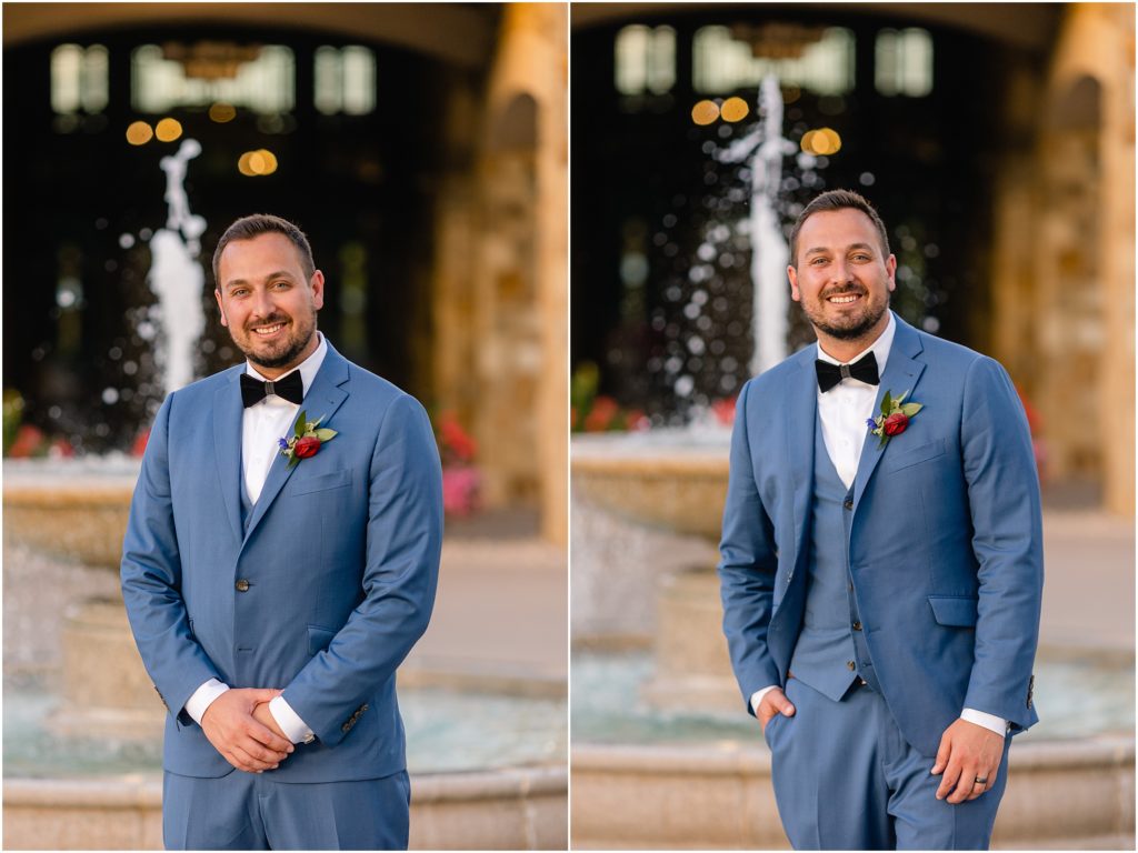 Groom outside by fountain at Columbine Country Club