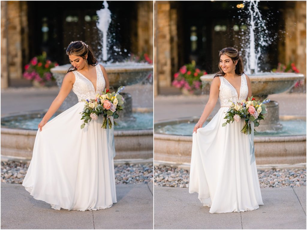 Bride outside by fountain at Columbine Country Club