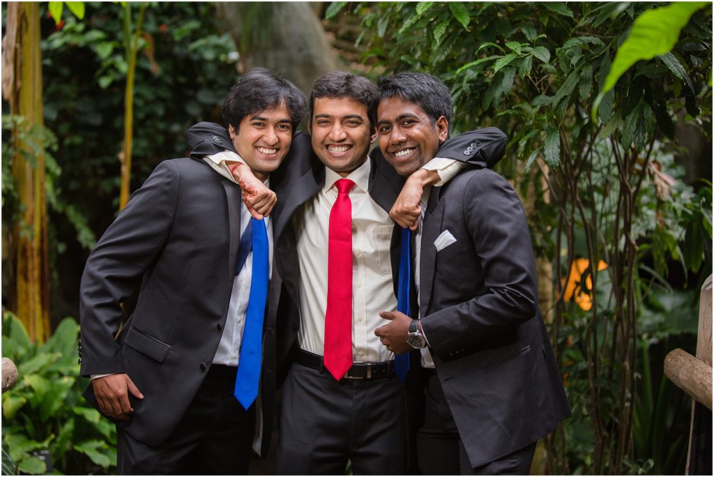 Groom with groomsmen at Denver Botanic Gardens for Indian wedding reception