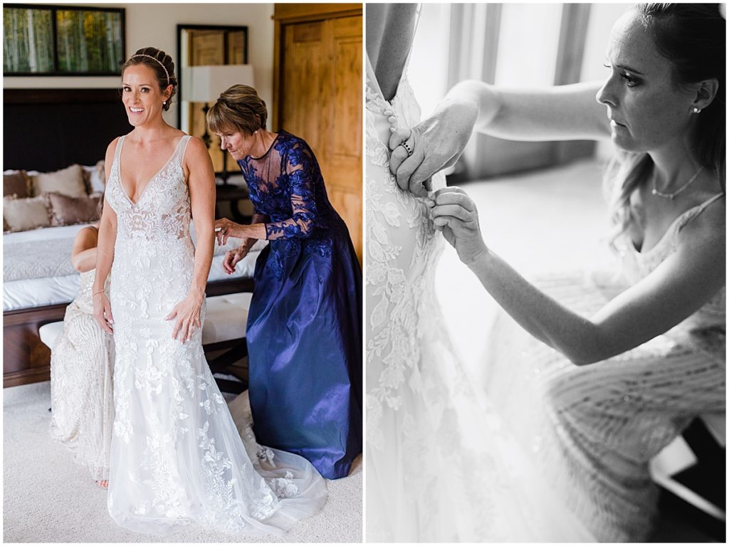Bride putting on Maggie Sottero wedding dress from The Bridal Collection at Donovan Pavilion in Vail.