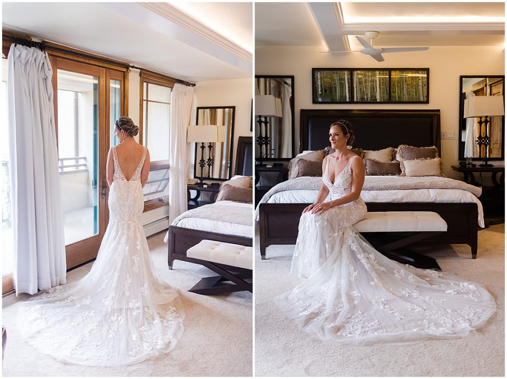 Bride putting on Maggie Sottero wedding dress from The Bridal Collection at Donovan Pavilion in Vail.