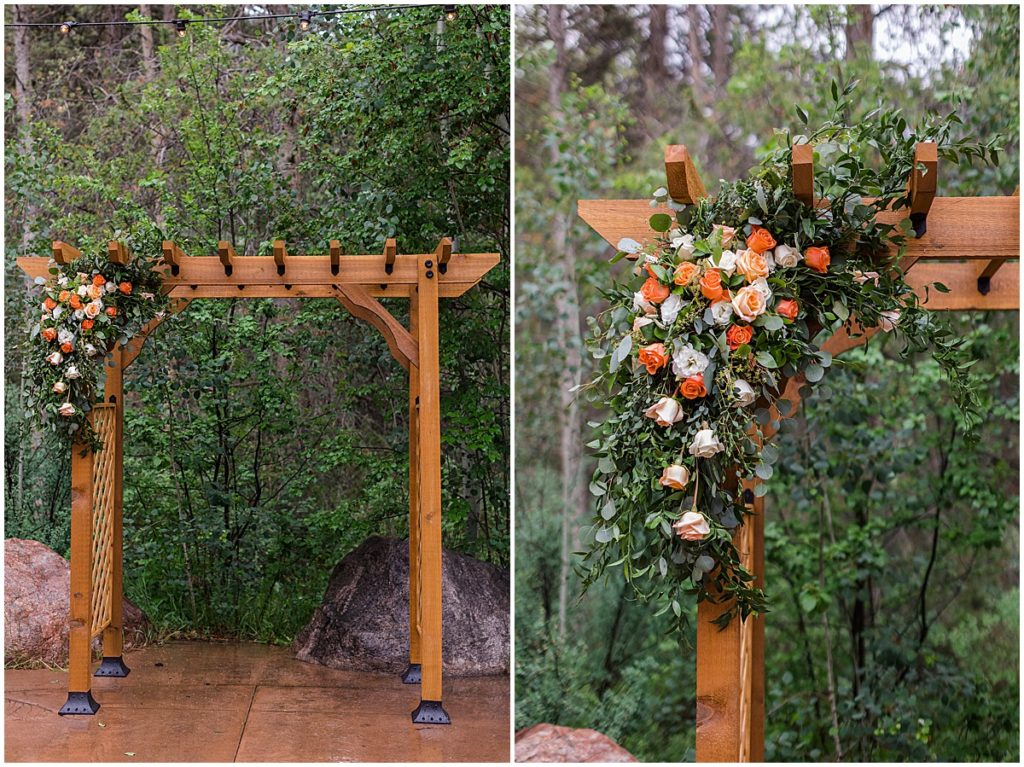 Wedding arch with floral decor by Veldkamps at Donovan Pavilion in Vail.