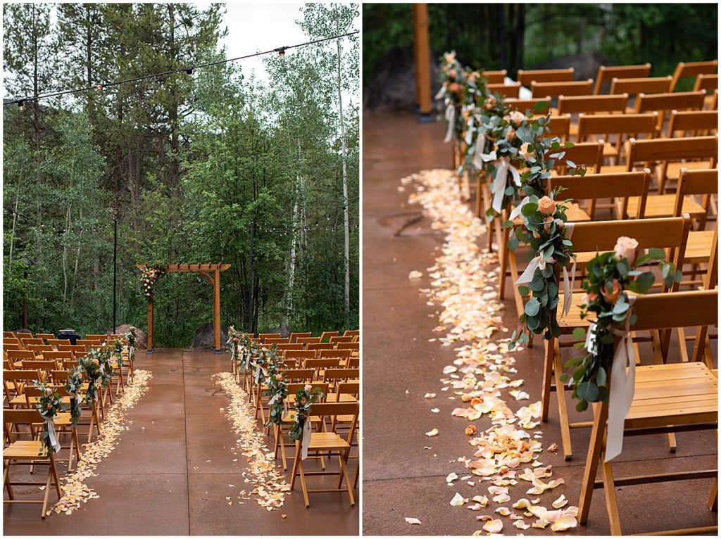 Wedding guest seating area with floral decor by Veldkamps at Donovan Pavilion in Vail.