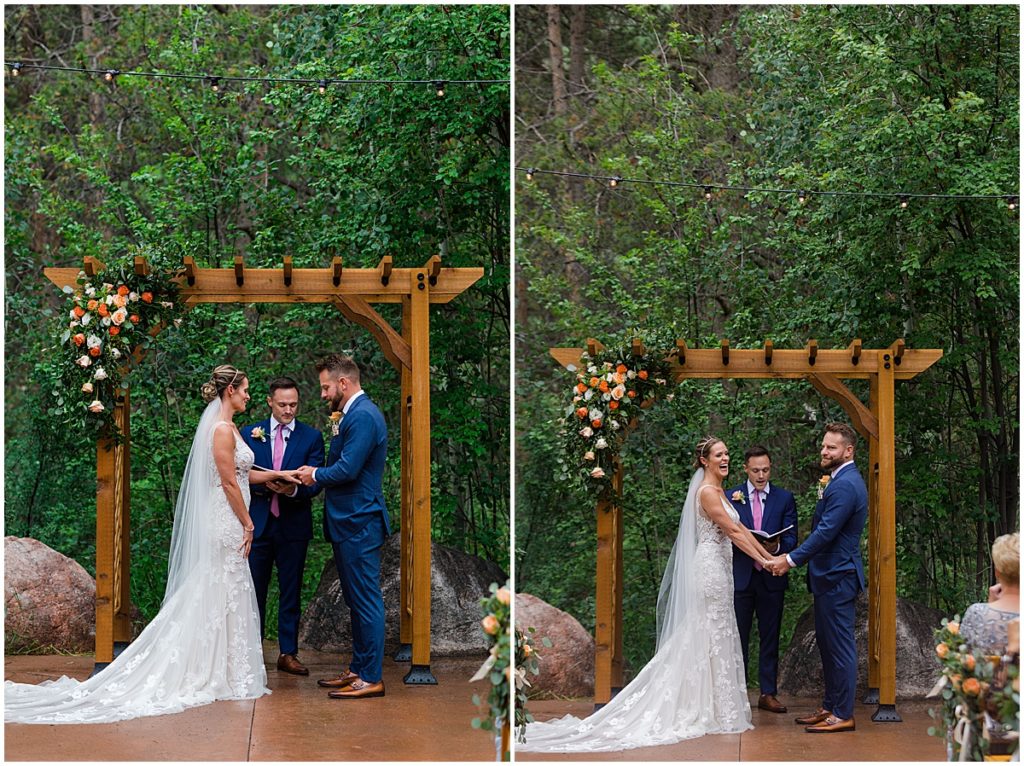 Bride and groom under arch with floral design by Veldkamps during wedding ceremony at Donovan Pavilion in Vail.