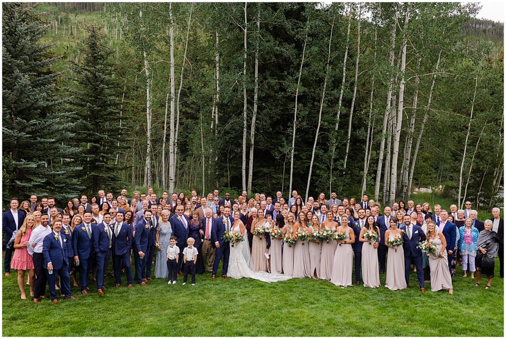 Bridal party and guests outside of Donovan Pavilion in Vail.