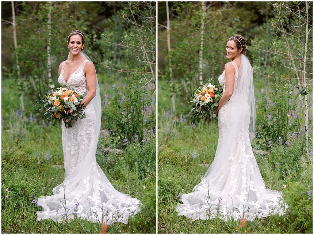 Bride outside wearing Maggie Sottero dress from The Bridal Collection holding bouquet designed by Veldkamps after wedding ceremony at Donovan Pavilion in Vail.