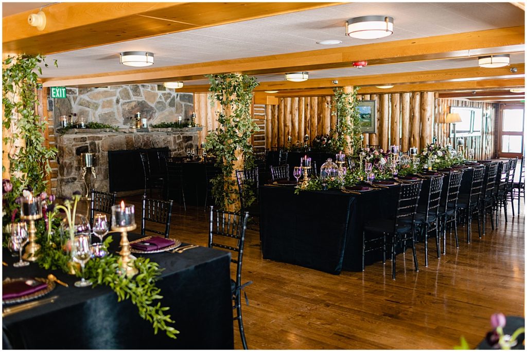Reception table at Keystone Ranch.  Rentals provided by Colorado Tents and Events.  Floral design by Bloom Flower Shop.