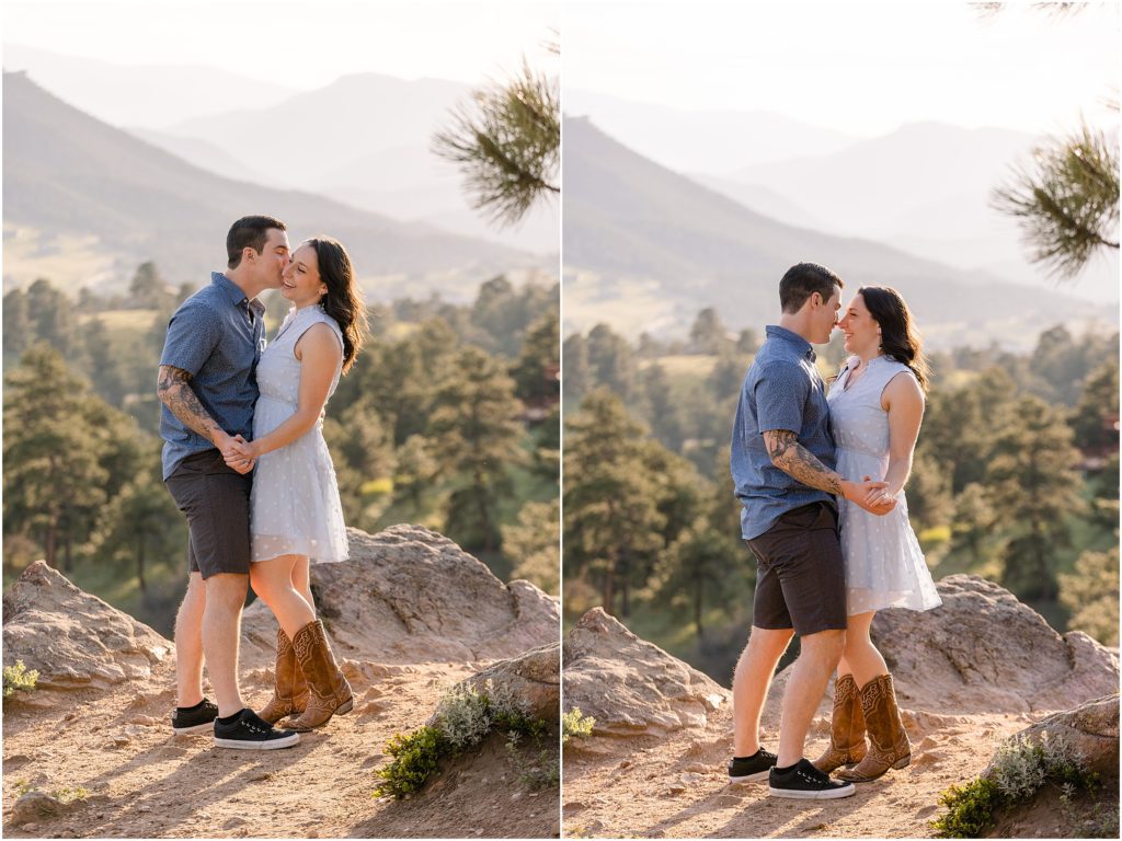 Mount Falcon Colorado Engagement Session standing on rocks