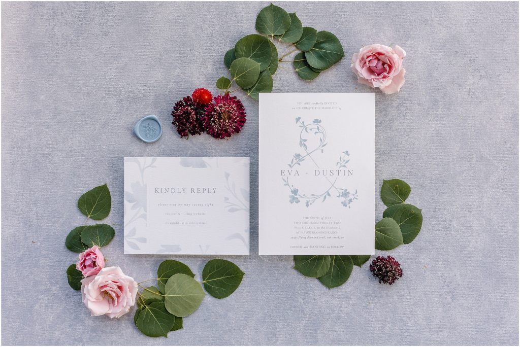 Stationary for wedding with floral design by We Plus You.