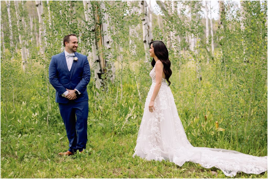 Bride and groom first look at Flying Diamond Ranch in Steamboat Springs.